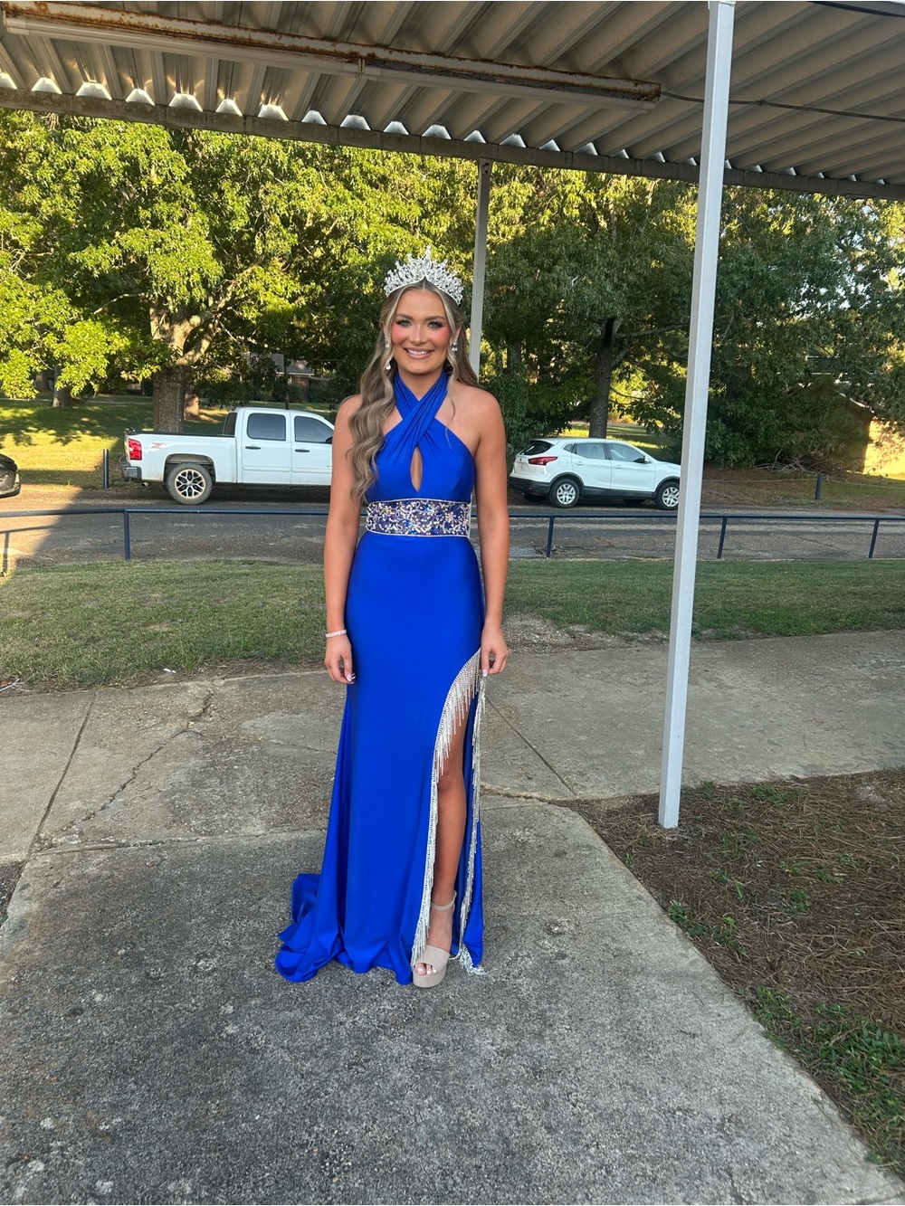 Johnathan Kayne Royal Blue Halter Prom Gown with Rhinestone Waist